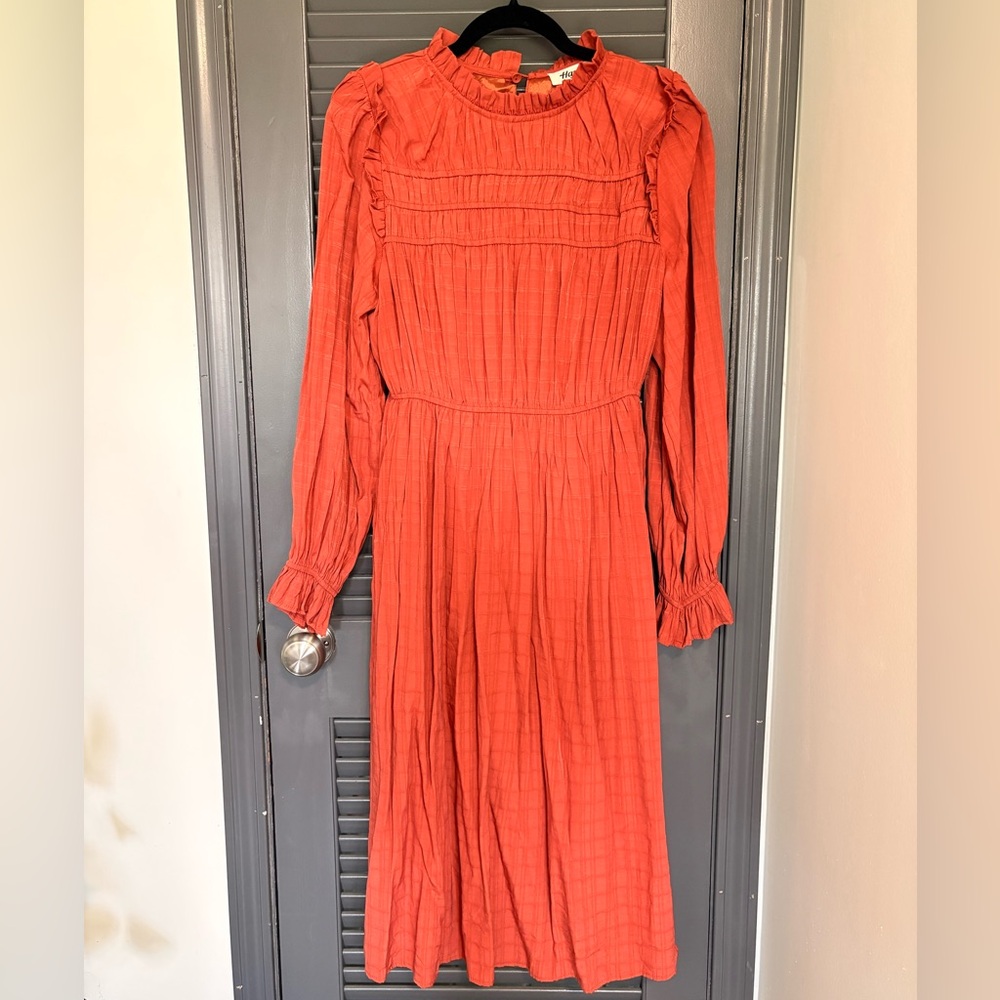 Long-Sleeve Rust Midi Dress with Smocked Waist